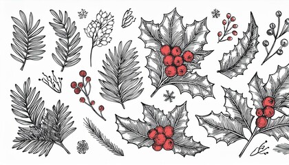 Christmas plant leaf, flower vintage set. Hand drawn doodle sketch holly floral, xmas tree leaves, winter branch elements. Holiday decoration, floral wreath sketch doodle. Vector