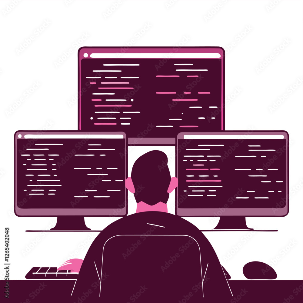 Poster a person of undefined nationality working at multiple computer screens, focused on code. the illustr