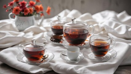 Fototapeta premium Steaming black tea in a glass teapot on a white napkin with a delicate china cup and saucer beside it , ceramic teapot, morning drink, black tea
