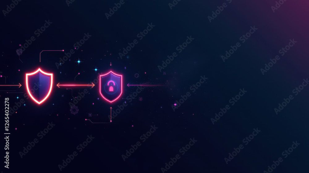 Poster cybersecurity graphic with two linked shields emitting a digital aura.