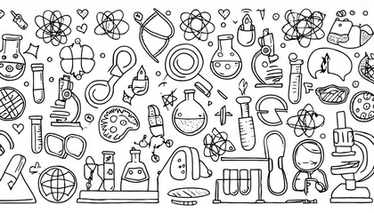 Laboratory doodle icon set. Hand drawn sketch line doodle style scientific education, chemistry laboratory, medicine experiment icon. Microscope, atom, magnet outline element. perfect any project.