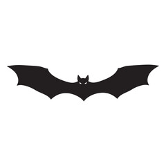 A dramatic black silhouette of a bat with outstretched wings, against a plain white background.