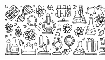 Laboratory doodle icon set. Hand drawn sketch line doodle style scientific education, chemistry laboratory, medicine experiment icon. Microscope, atom, magnet outline element. perfect any project.