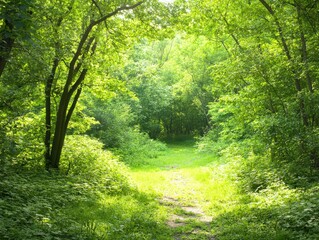 Obraz premium Serene green woodland with lush trees, vibrant foliage, and a tranquil, sunlit pathway