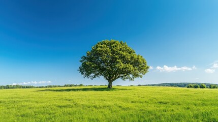 Majestic oak tree standing alone in a vast green meadow under a bright blue sky