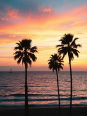 Stunning vibrant sunset colors over Pacific Ocean in California with silhouetted palm trees and a distant sailboat, coastal, California, peaceful