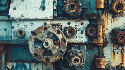 An abstract view of rusty machine parts displaying various gears and mechanical components, showcasing a weathered industrial aesthetic.