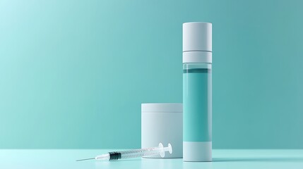 3D render of a sleek medical bottle paired with a syringe icon, designed in clean and modern aesthetics with a white and blue theme