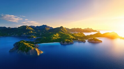 Fototapeta premium A breathtaking aerial view of lush green islands amid serene blue waters, illuminated by the warm glow of the setting sun. Perfect for travel, nature, and scenic representations.