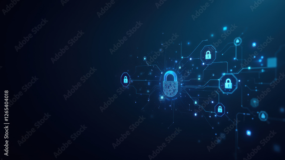 Poster an abstract digital illustration depicting cybersecurity with a network of interconnected dots resem