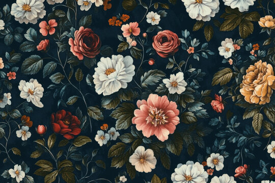 Fototapeta Seamless floral pattern dark blue background made up Vintage dar