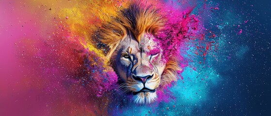 Colorful Lion Head in Vibrant Paint Explosion