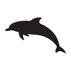 A clean, bold silhouette of a dolphin in a dynamic leaping pose against a white background.