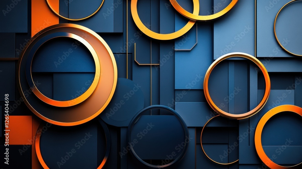 Poster a colorful abstract artwork featuring blue and orange circles and squares. the circles are large and