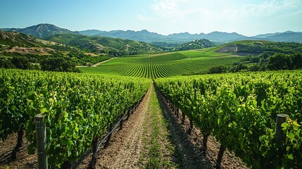 Expansive vineyard landscape with rows of grapevines under a clear blue sky