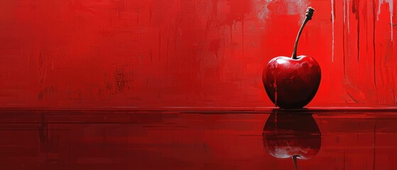 A red apple is sitting on a red background