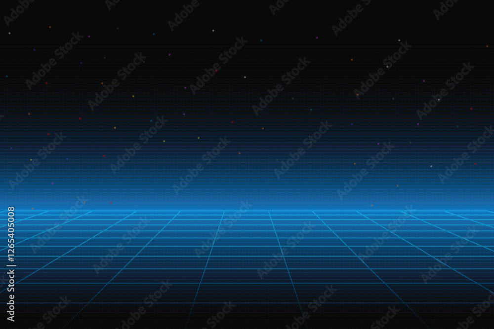 Poster retro cyberpunk style 80s game scene pixel art 8-bit sci-fi background. glowing neon grid and stars 