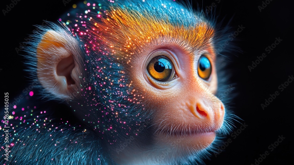Poster a monkey with a blue and orange face is staring at the camera. the colors of the monkey's face are b