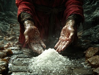 Person in red robe offering salt, dark cave setting. Possible use Religion, history