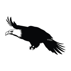 A strong, dynamic black silhouette of a bald eagle in flight.