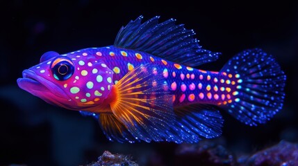 Fototapeta premium A colorful fish with a blue tail and orange fins. The fish is surrounded by a dark background