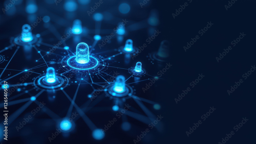 Poster a digital illustration of cybersecurity with a network of interconnected dots symbolizing data prote