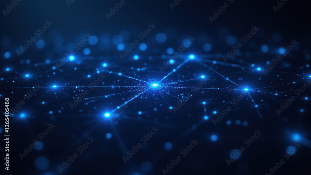 Poster cybersecurity network with blue glowing nodes on a dark background.