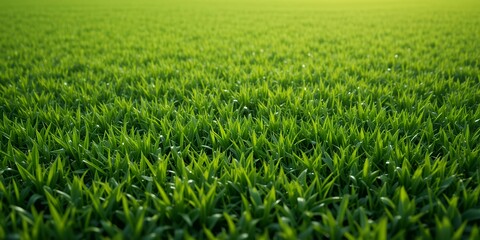 Fototapeta premium Lush Green Field of Young Crops basking in early morning sunlight, full frame view