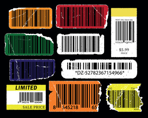Vector design of cool trendy barcodes stickers on grunge collection of fully editable. Supermarket scan code ,bars and qr coding, price tag element