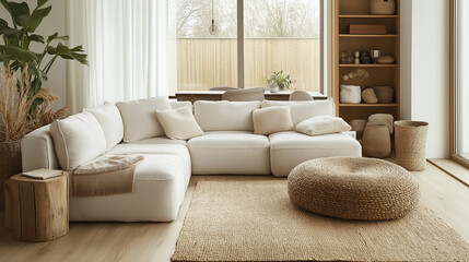 Cozy Scandinavian-inspired living room with a modular sectional sofa in off-white fabric, natural wooden flooring, woven rug, and minimalist open shelving, bathed in soft diffused daylight