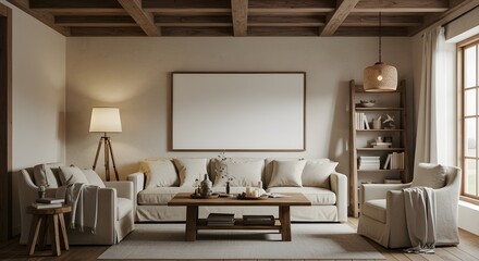 Fototapeta premium mock-up frame Minimalist rustic living room with neutral colour palette, natural lighting, and elegant wood decoration. Suitable for interior design, architecture, and modern home inspiration.