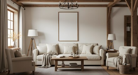 mock-up frame Minimalist rustic living room with neutral colour palette, natural lighting, and elegant wood decoration. Suitable for interior design, architecture, and modern home inspiration.