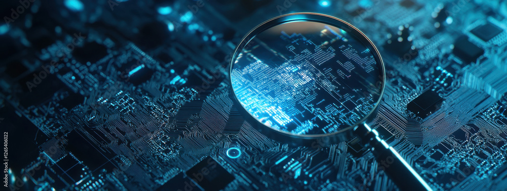 Poster a magnifying glass hovers above a blue digital circuit board, focusing on intricate patterns and dat
