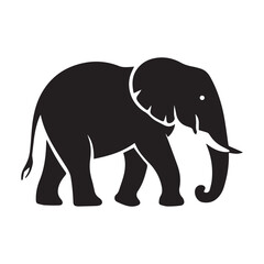 A bold, black silhouette of an elephant against a white background.