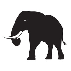 A bold, black silhouette of an elephant against a white background.