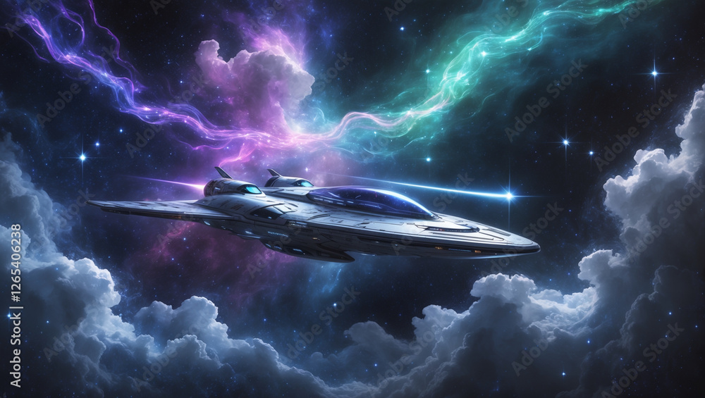 Poster a futuristic spaceship soars through the galaxy, surrounded by colorful nebulae and twinkling stars 