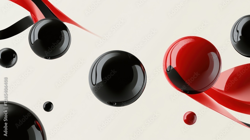 Poster elegant abstract composition with spheres and flowing red and black lines
