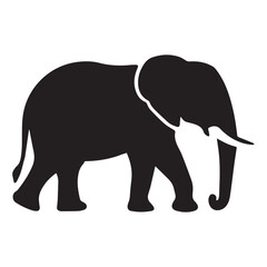 A bold, black silhouette of an elephant against a white background.
