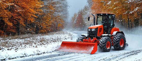 Tractor clearing snow-covered road autumn