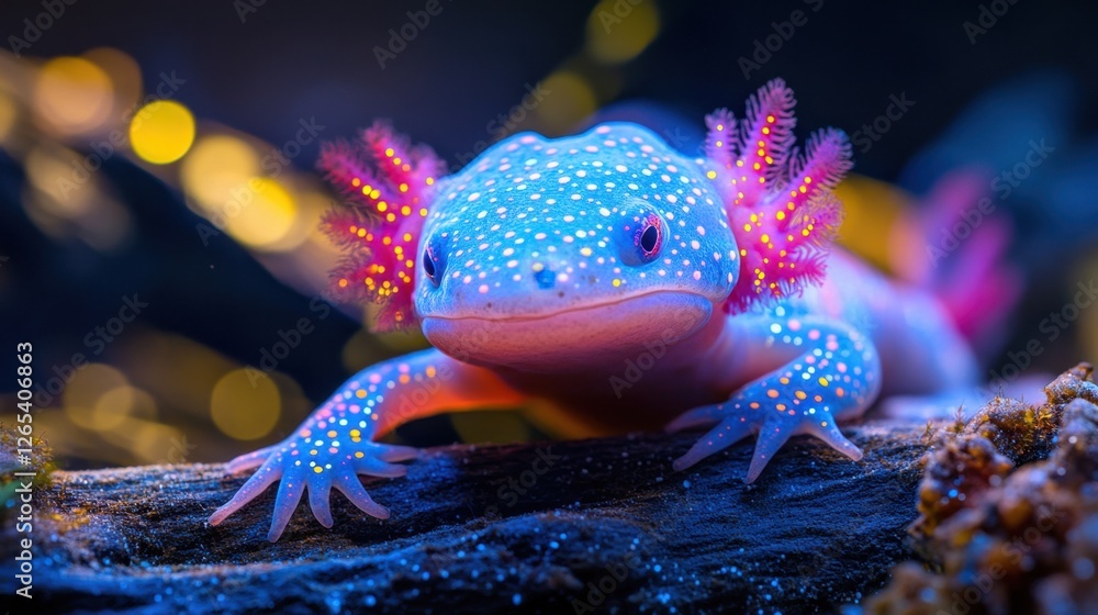 Poster axolotl with rainbow sparkling dots.