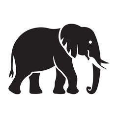 A bold, black silhouette of an elephant against a white background.