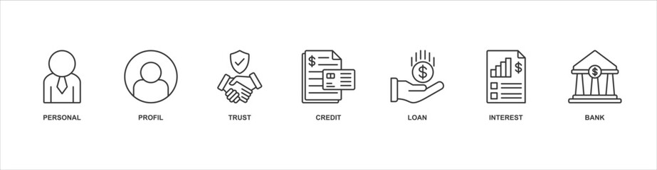 Microcredit banner web icon sheet vector illustration concept with icon of personal, profil, trust, credit, loan, interest, bank