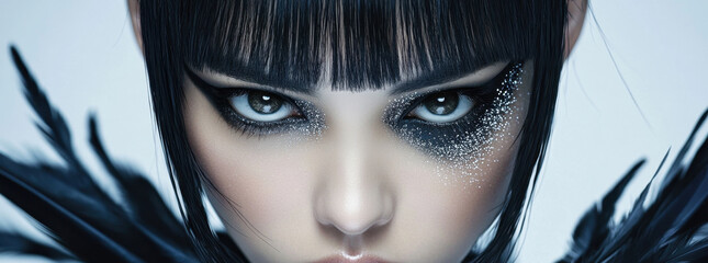 Black-haired model with bangs displays bold eye makeup and stylized features, capturing attention in an artistic studio setting
