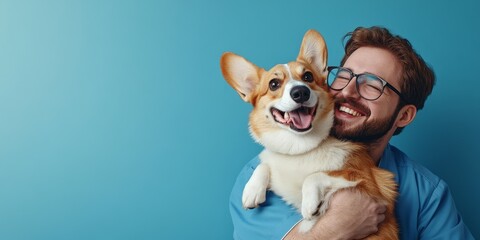 Happy man vet doctor in blue uniform cuddling pembroke welsh corgi dog, playing with little dog after treatment, free space, Generative AI
