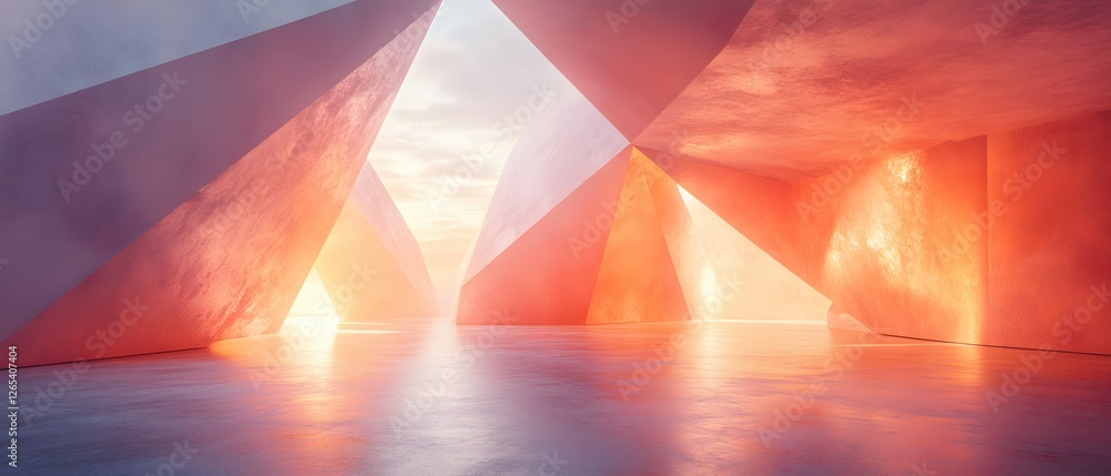 Poster abstract architecture with geometric forms and warm light creating a surreal and dreamy space