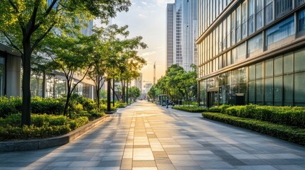 Urban Oasis: Modern Cityscape with Lush Greenery at Sunrise