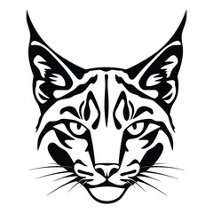 A striking black and white graphic illustration of a lynx head.