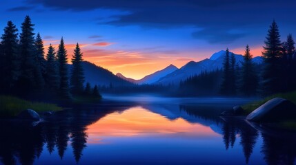 Obraz premium A stunning twilight landscape featuring a serene lake surrounded by mountains and dense forests. The vibrant hues of the sunset reflect beautifully on the calm water surface.