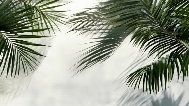 Light and shadow of leaves, palm leaves on a white background. Abstract tropical leaf silhouette, natural pattern for wallpaper, spring, summer texture.