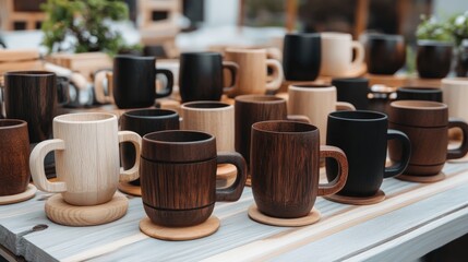 Wooden mugs crafted in ancient Russian style are arranged on a table along with other handmade items showcasing local artistry